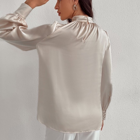 Classic High Neck pleated Satin long sleeve Top - Picture 6 of 11